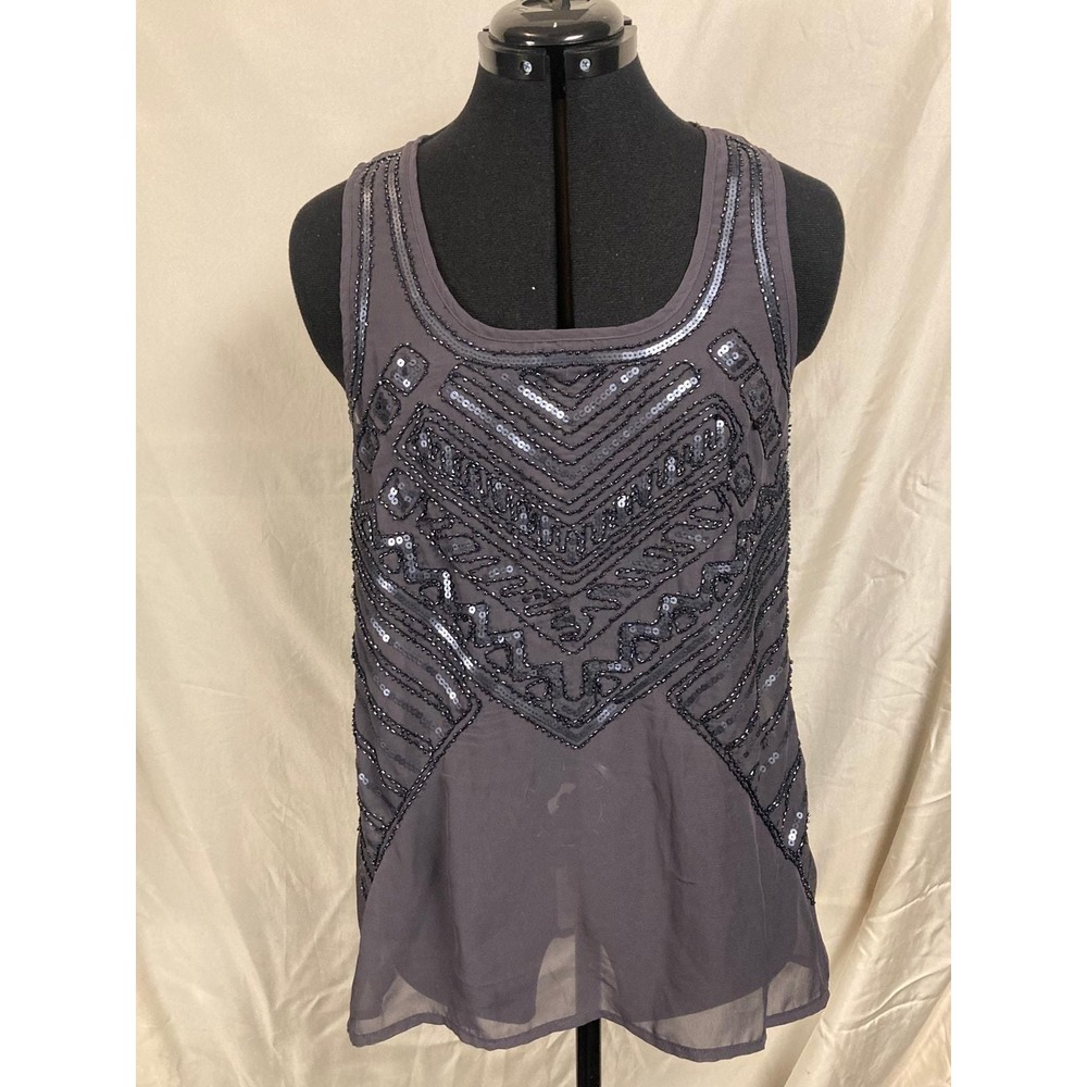 8 M Studio Y mesh sheer beaded sequin gray tank top